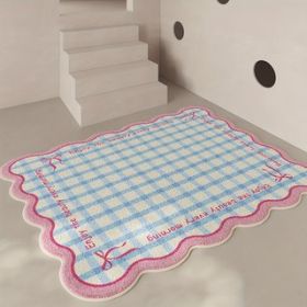 Regional carpet with blue and white check pattern and pink ruffled edge floor mat - Enjoy the beauty of the morning, slip-resistant and elegant