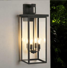 26H 1ps Modern Outdoor Wall Lanterns With Black Metal Frame And Clear Glass, 4 E12 Bulb Socket, Weatherproof Wall Sconces For Porch, Garden, Pati (Option: Black)