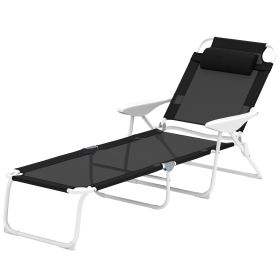 Folding Chaise Lounge, Outdoor Sun Tanning Chair, 4-Position Reclining Back, Armrests, Removable Pillow, Black (Option: Black)