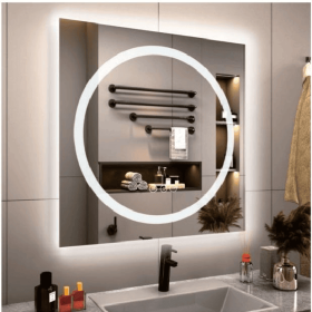 LED wall mirror with three-color temperature (RGB) and smart touch button control, featuring dimmable, anti-fog (S1R5070UL20"x28": S1R10080UL40"x32")