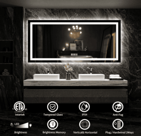 Three-color temperature/RGB smart touch button wall light with mirror, dimmable, fog-proof and break-resistant, memory function, rectangular mirr (S1R5070UL20"x28": S1R10080UL40"x32")